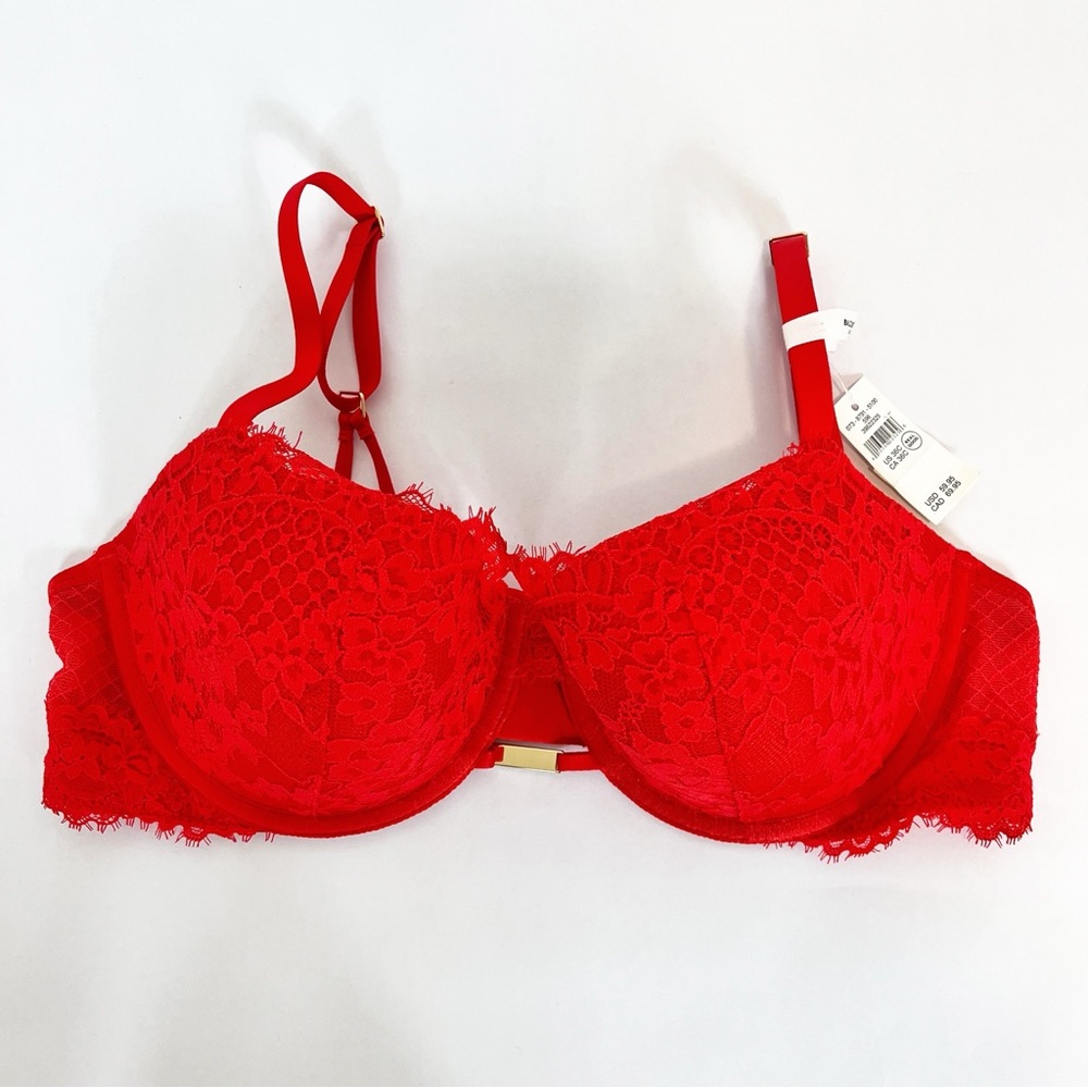 Aerie Balconette Red Padded Bra Gold Bar Adjustable Straps 36C